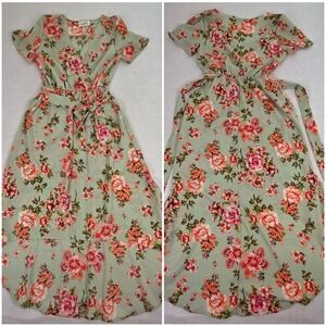 Minette Womens M High Low Dress Sage Green Floral Excellent Boho Maxi